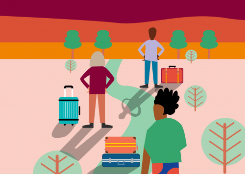 Ilustración de tres personas con equipaje caminando de espaldas