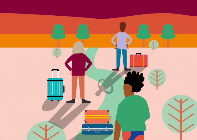 Illustration of three persons with luggage walking from the back
