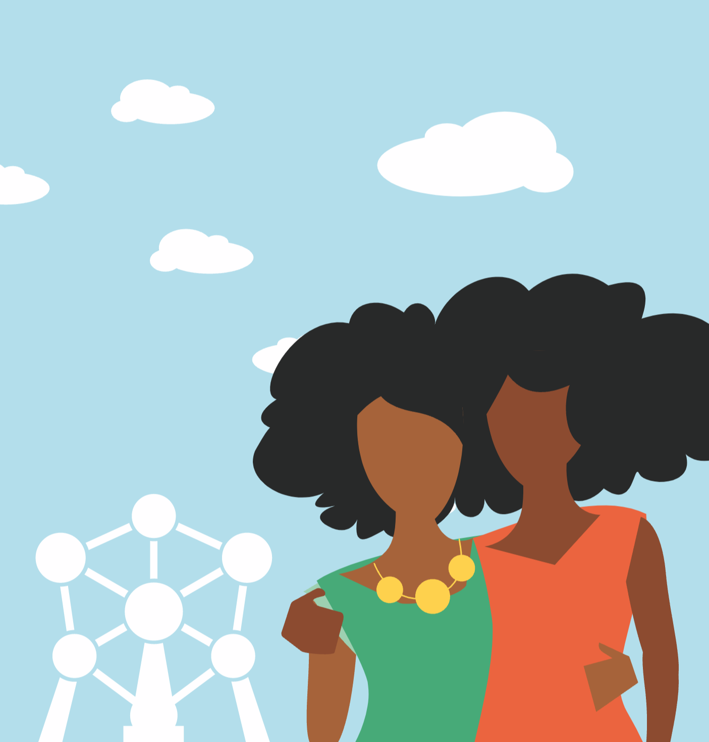 Illustration of two black women in front of the Atomium in Brussels