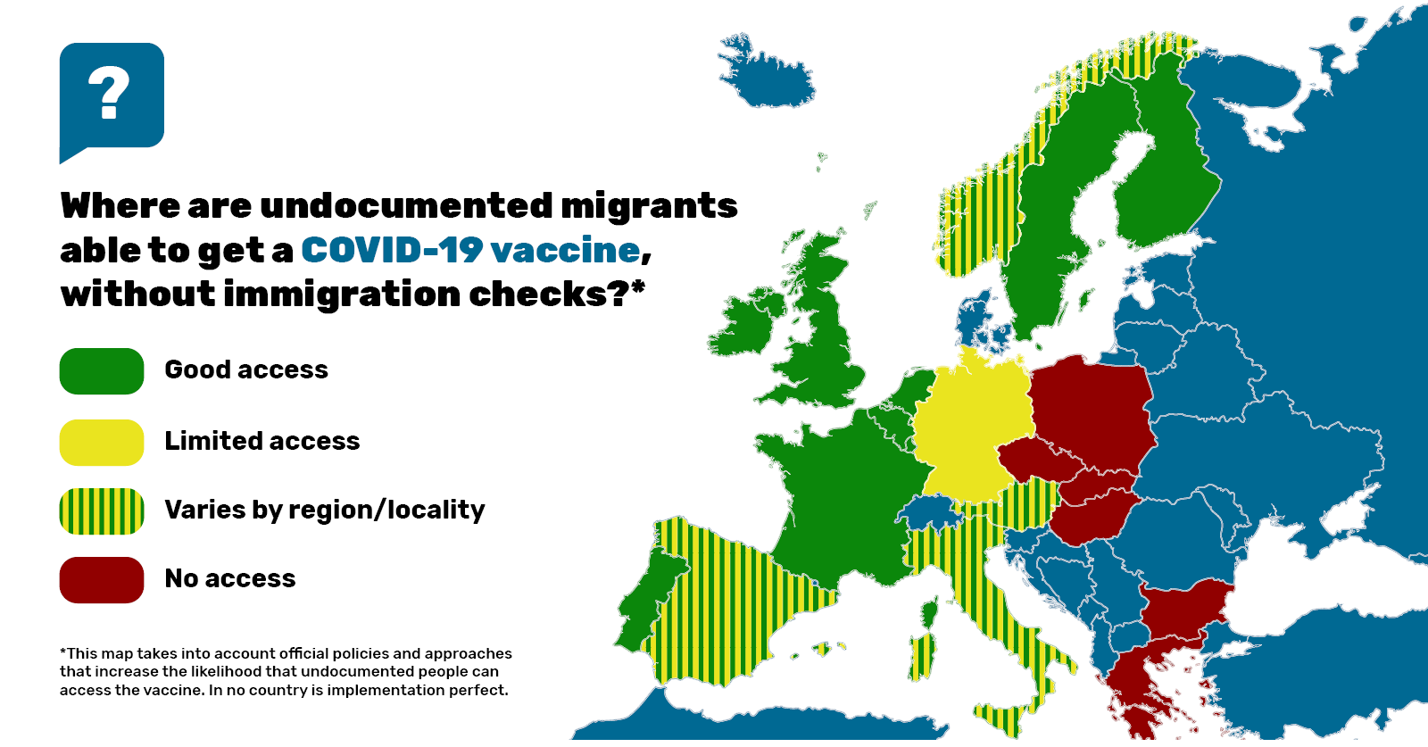Map of Europe showing where undocumented migrants are able to get a COVID-19 vaccine, without immigration checks