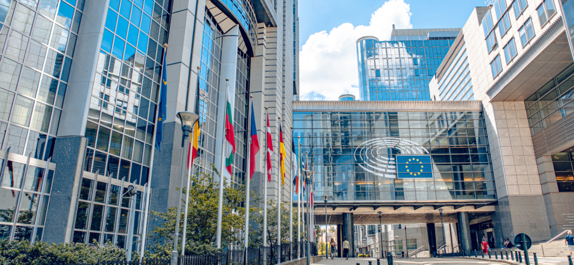 European Parliament offices and European flags.